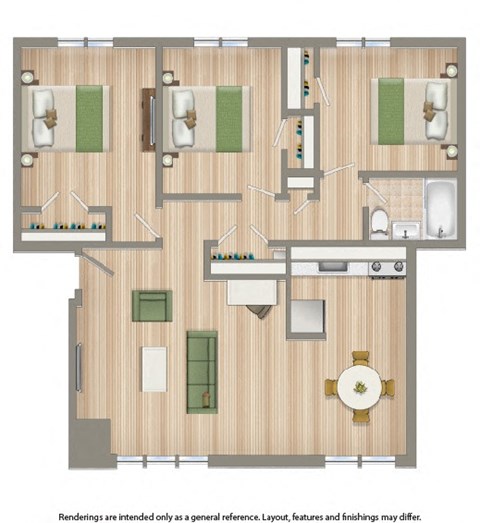 rendering of a 3 bedroom apartment at ridgecrest village in washington dc